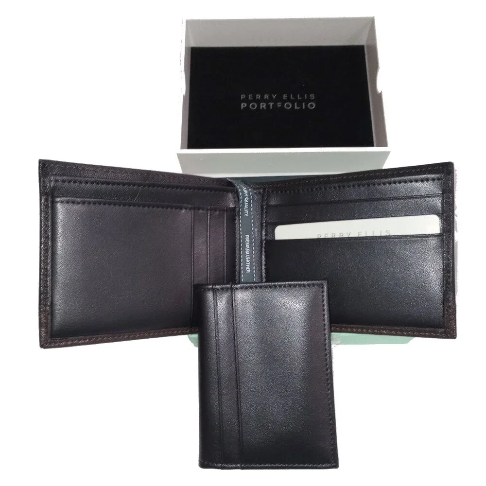 NWT Premium Leather 2 PC SET Portfolio Passcase Bifold Wallet Colorblock